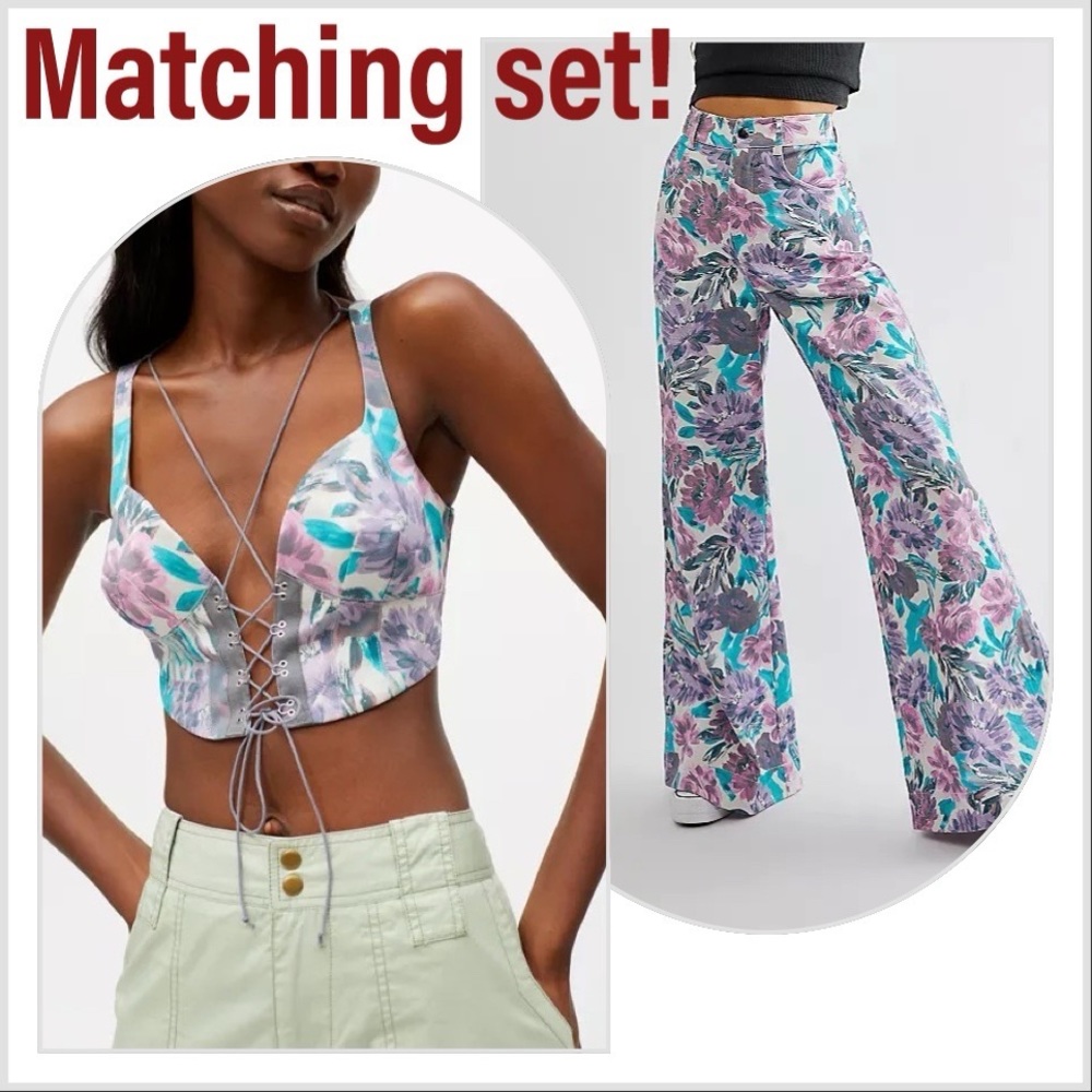 For Love and Lemons Tamara wide leg pants and crop top bustier.